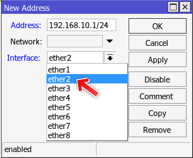 add ip 192.168.10.1/24 to ether2